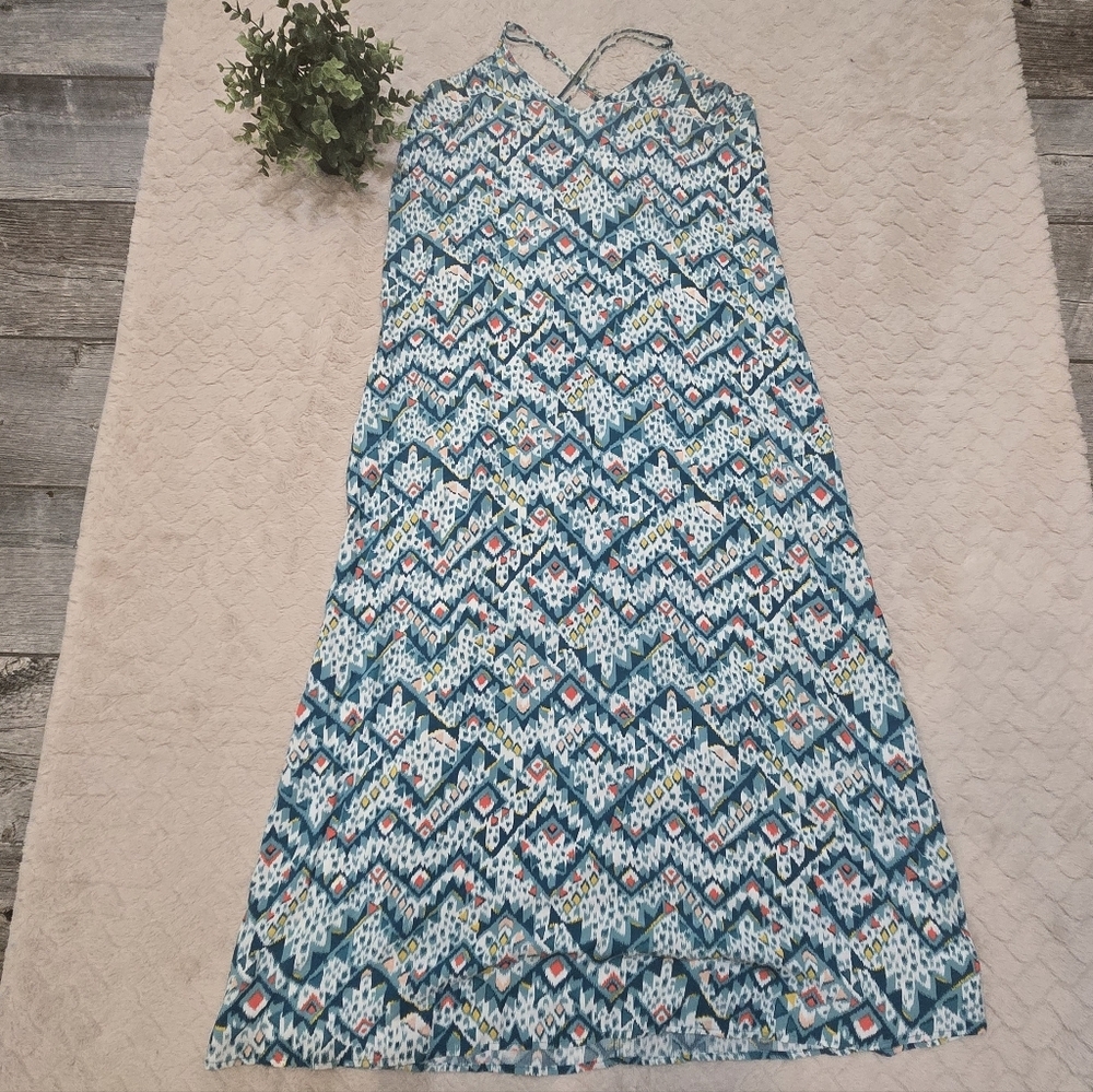 Old Navy Teal Multicolor Geo Sleeveless Maxi Slip Dress, Size Large